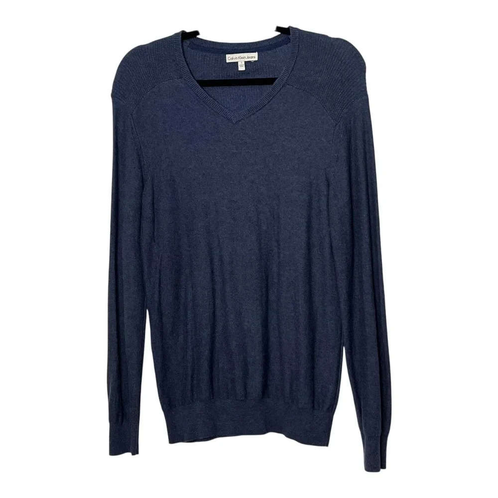 Calvin Klein Jeans Womens‎ Navy Blue V-Neck Ribbed Shoulder Knit Sweater Size S